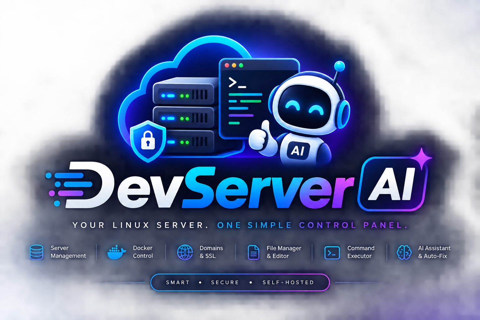 DevServer AI — server management, Docker control, domains and SSL, file manager, command executor and an AI assistant, in one self-hosted panel.